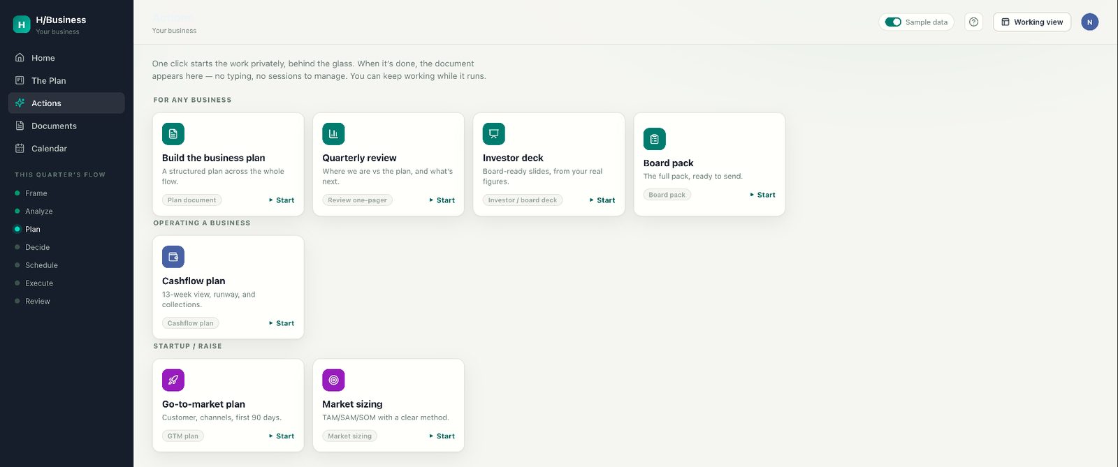 Actions, a gallery of one-click business documents
