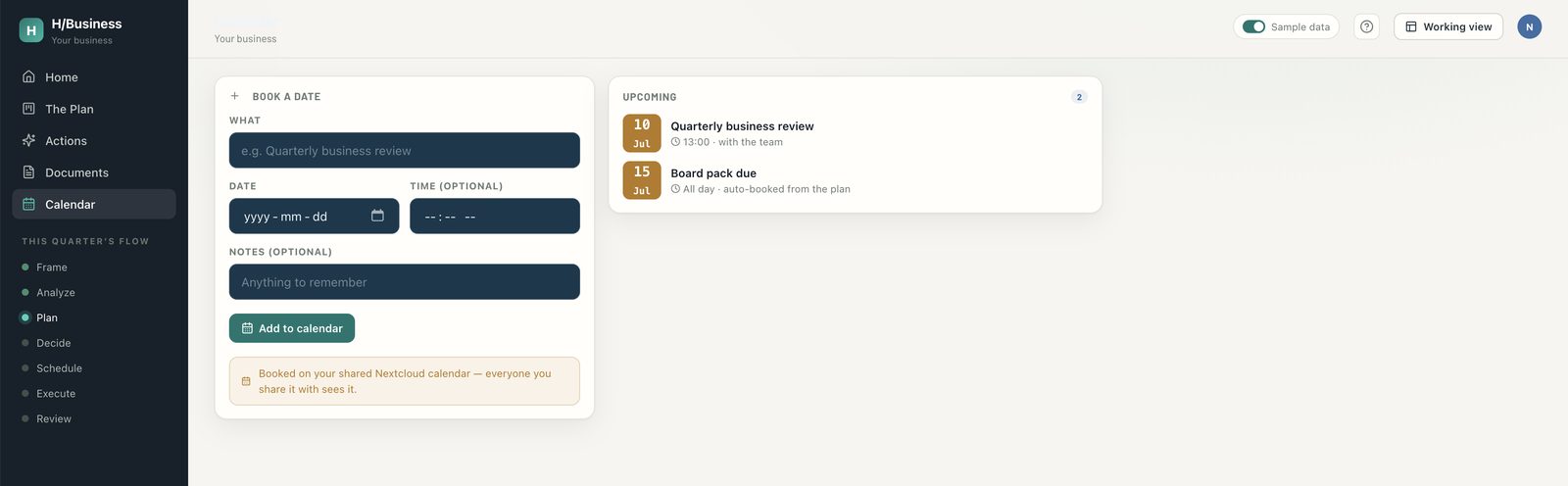 Calendar, reviews and milestones booked on a shared calendar