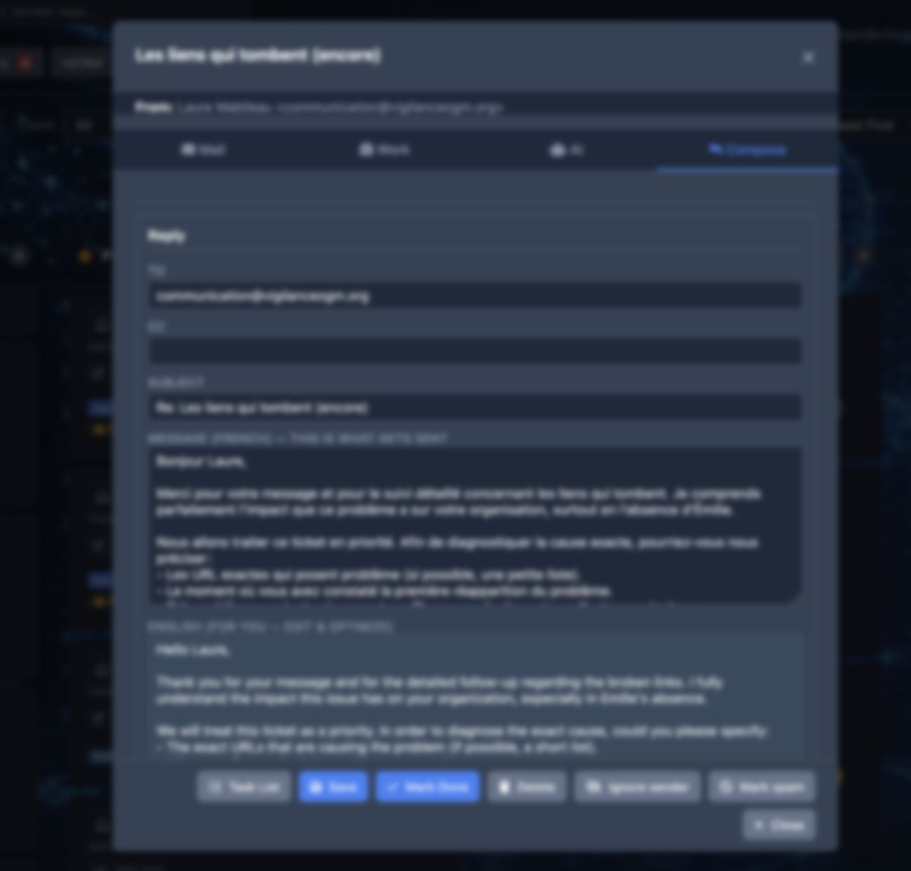 A drafted reply in French with an English version alongside